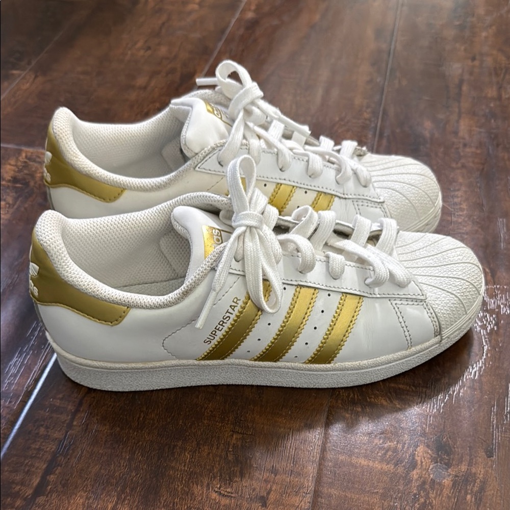 Adidas White and Gold Superstar Sneakers with Shell Toe - Women’s Size 5